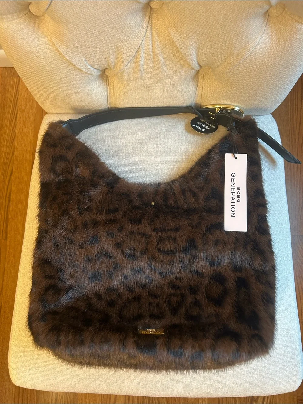 BCBGeneration Tik Tok Viral Leopard Faux-Fur Shoulder Bag with Black Handle(NWT)